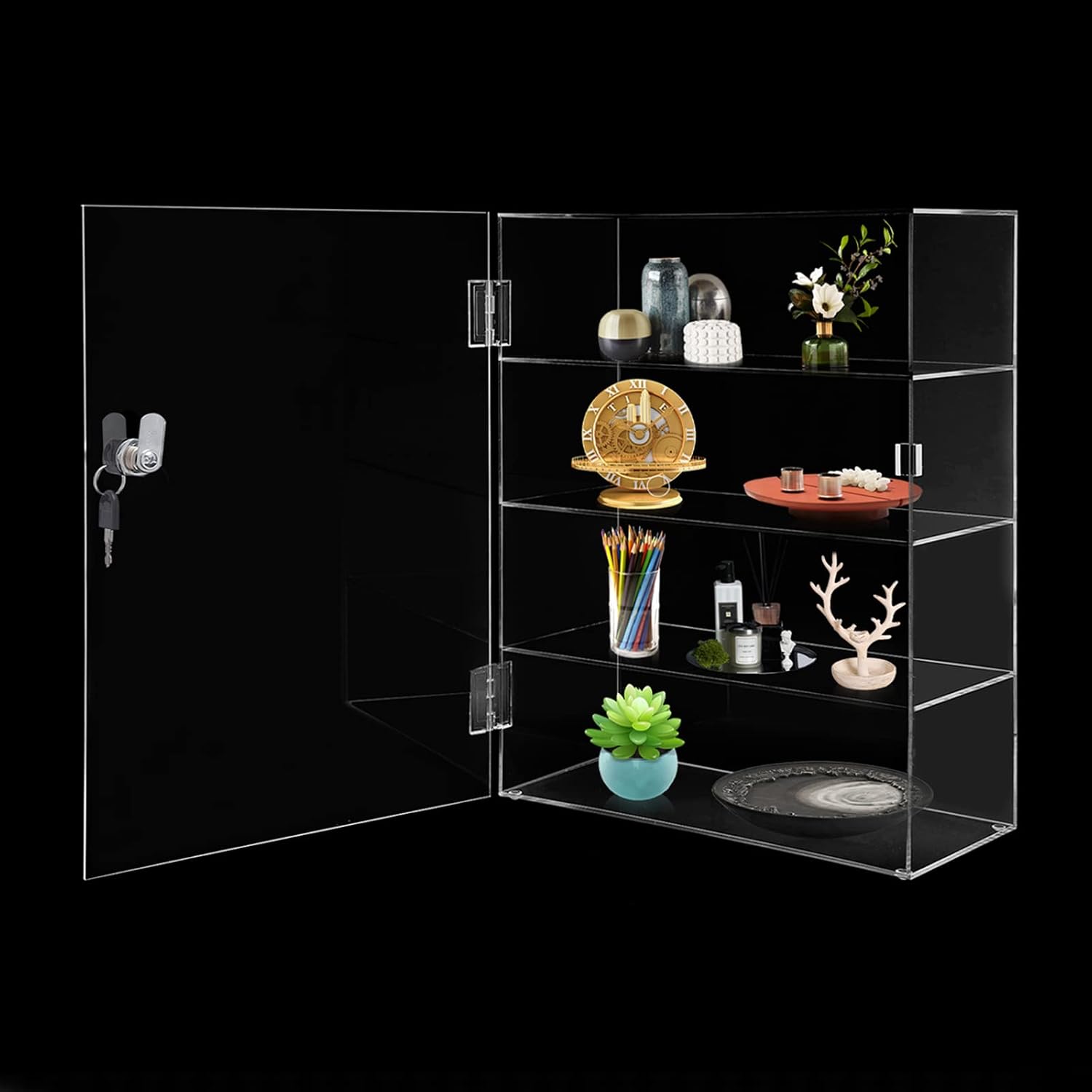 Acrylic Display Case with Lock Key, 4-Tier Locking Countertop Display Case with Shelves, Clear Lockable Showcase