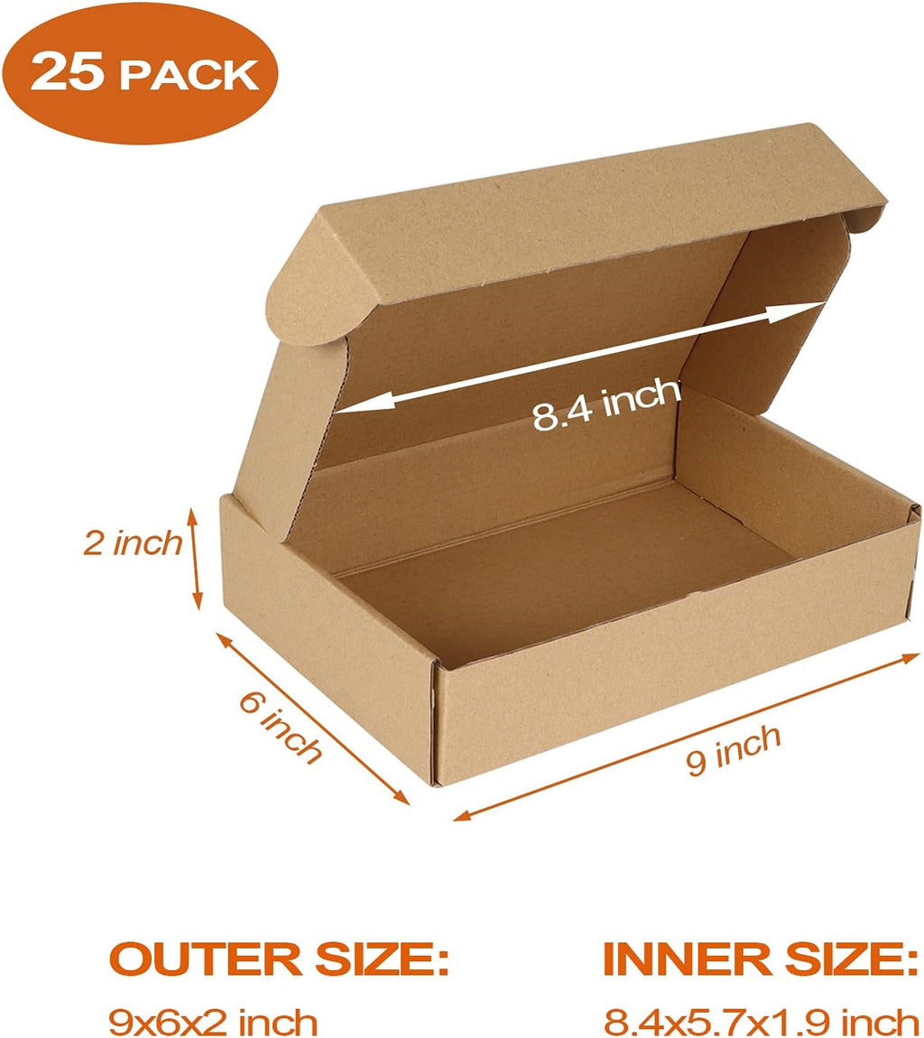 25 Pack 9x6x2 inch Small Shipping Boxes, Brown Mailing Boxes