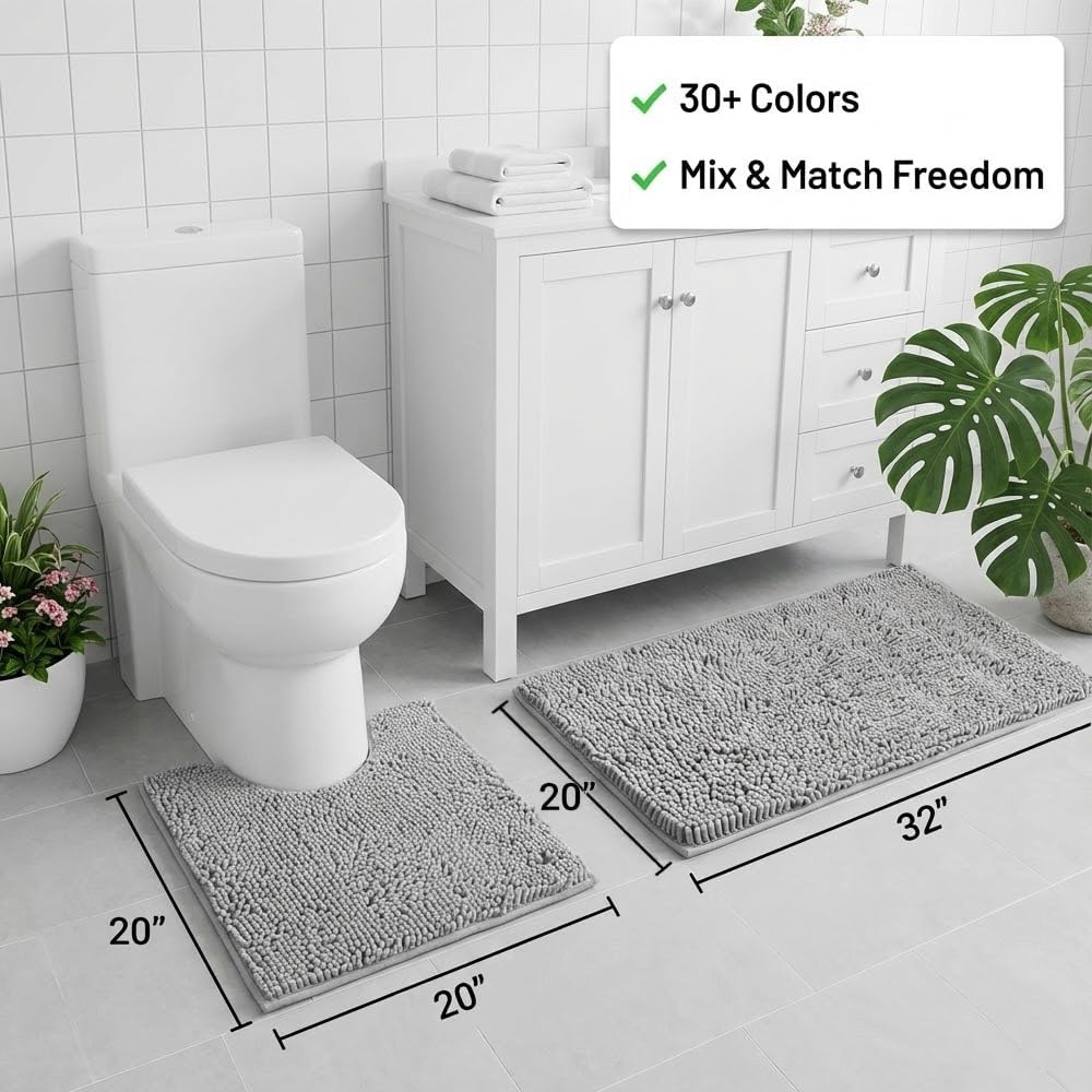 Bathroom Rugs Sets 2 Piece,Super Absorbent Chenille Bath Mats and U-Shaped Toilet Rug,Strong PVC Non Slip