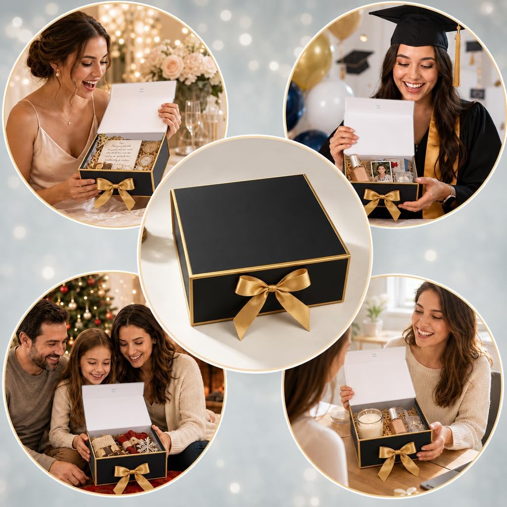 12Pack Small Gift Boxes with Lids, Black Boxes with Gold Ribbon