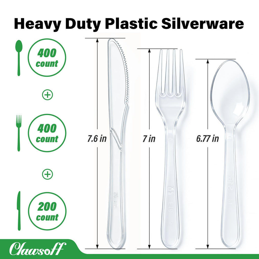1000 Count Plastic Clear Silverware Set, Disposable Heavy Duty Utensils Set, 400 Forks, 400 Spoons, 200 Knives