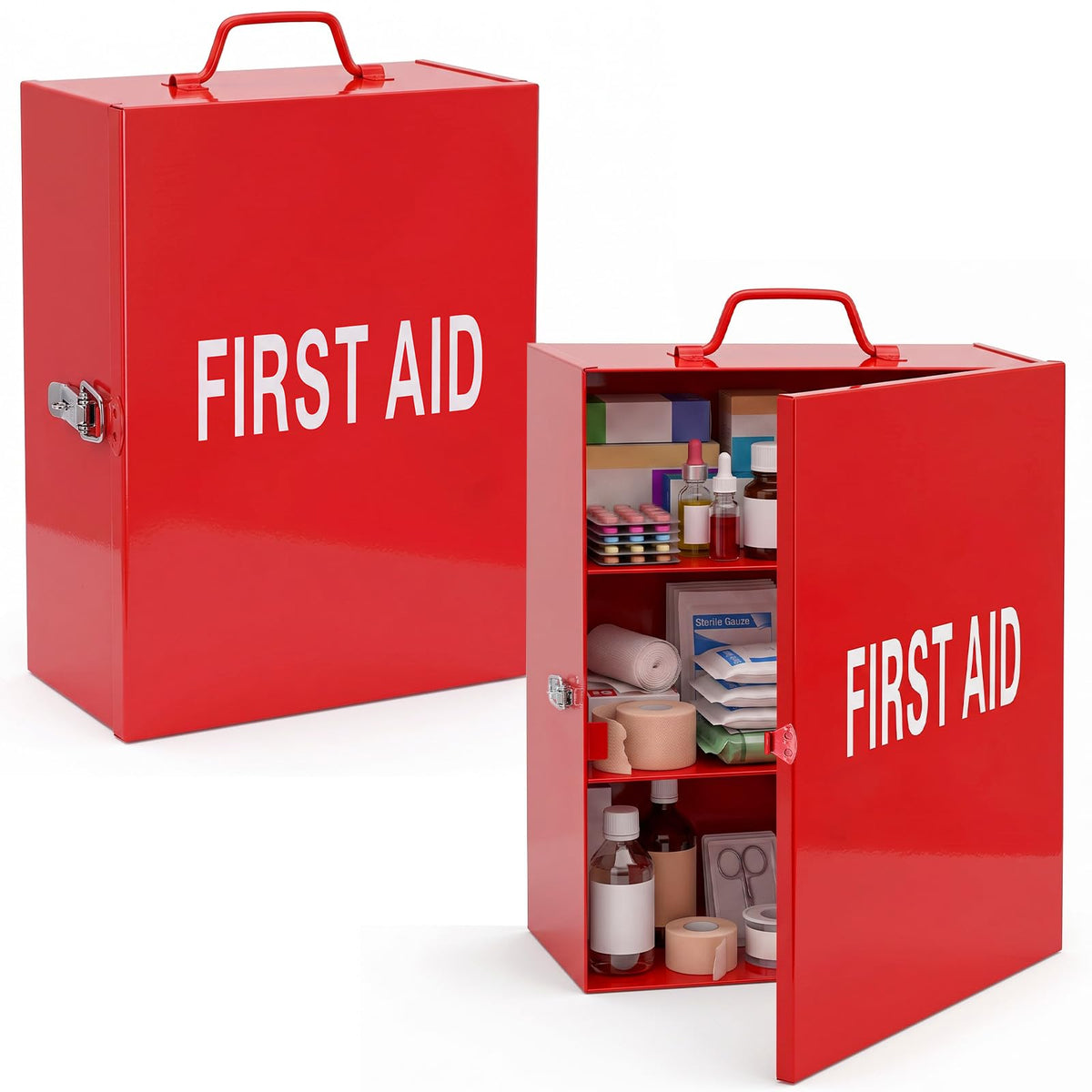 2 Pcs First Aid Kit with Lock 3 Shelf Wall Mount Medicine Cabinet
