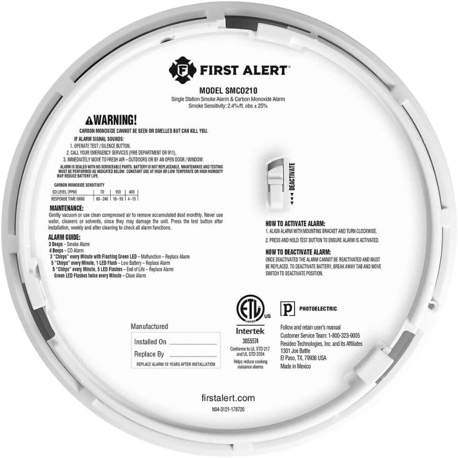 SMCO210 Sealed 10-Year Battery Combo Smoke and Carbon Monoxide Detector with Slim Profile Design