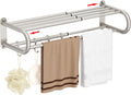 Adjustable 15-25 Inch Towel Rack with Shelf for Bathroom and Lavatory Towel Shelf Double Towel Bar Rod 4 Hooks Wall
