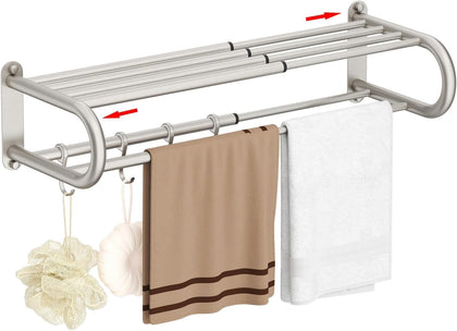 Adjustable 15-25 Inch Towel Rack with Shelf for Bathroom and Lavatory Towel Shelf Double Towel Bar Rod 4 Hooks Wall