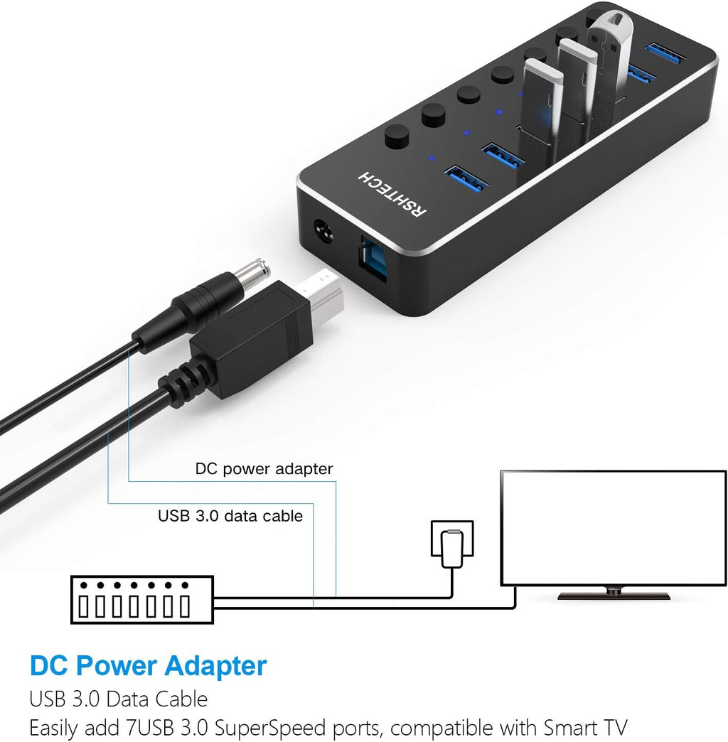 7-Port Powered USB Hub, USB 3.0 Data Port Extender Hub, RSH-518