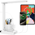 LED Desk Lamp for Dorm Office, USB C, AC Outlet Charging Port, White | Dorm Room Essentials for Guys, Eye-Caring