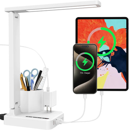 LED Desk Lamp for Dorm Office, USB C, AC Outlet Charging Port, White | Dorm Room Essentials for Guys, Eye-Caring