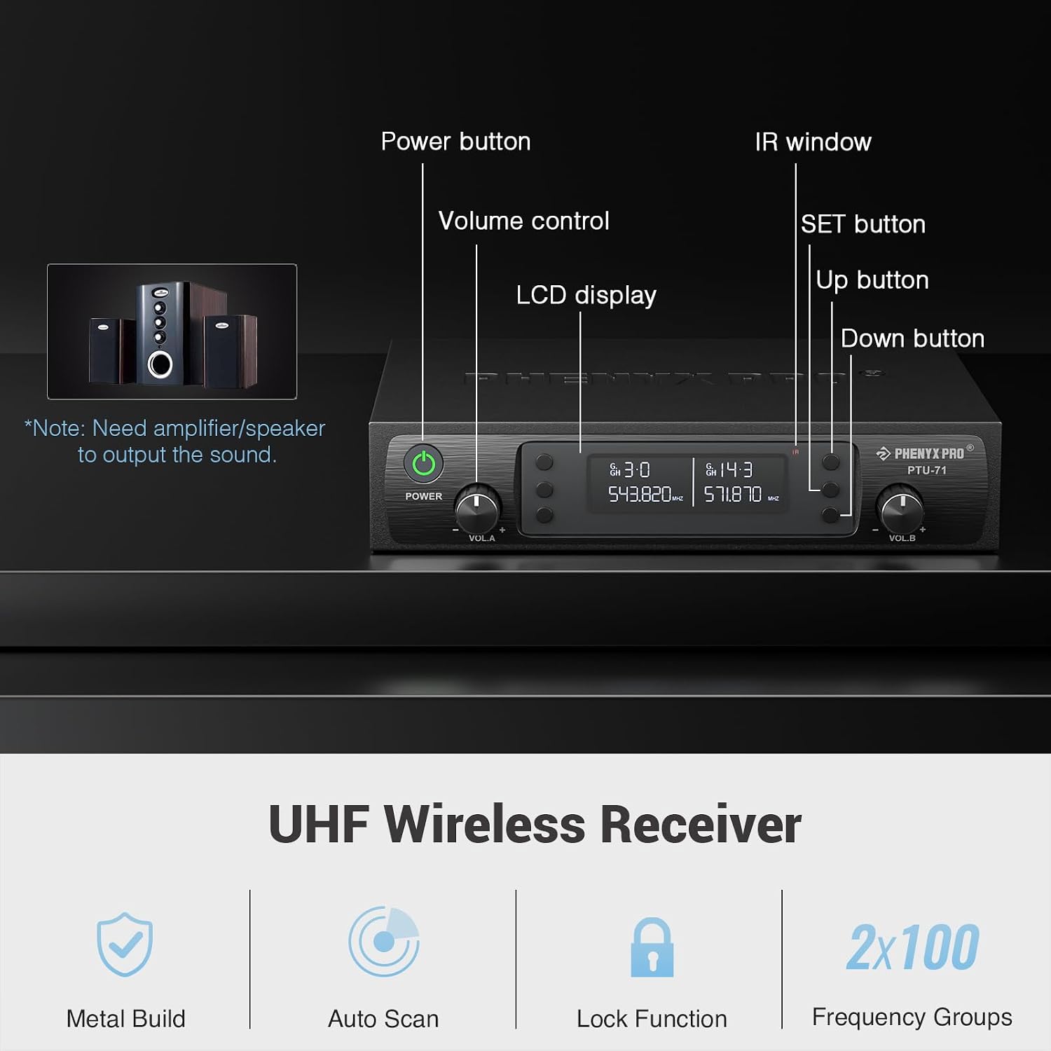 Dual UHF Auto Scan Handheld Wireless Microphone System PTU-71-2H | 2 Dynamic Mics, 2 x 100 Frequencies, 328 ft Range