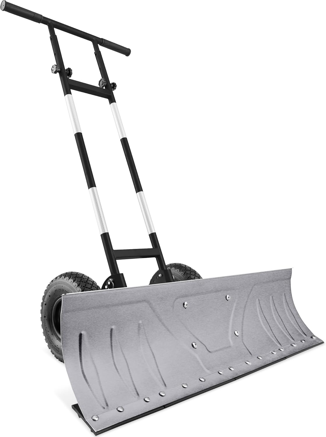 36in Galvanized Blade Heavy-Duty 2-Wheel Snow Pusher Hand Plow for Snow Removal w/Wheels, Adjustable Handle, Blade