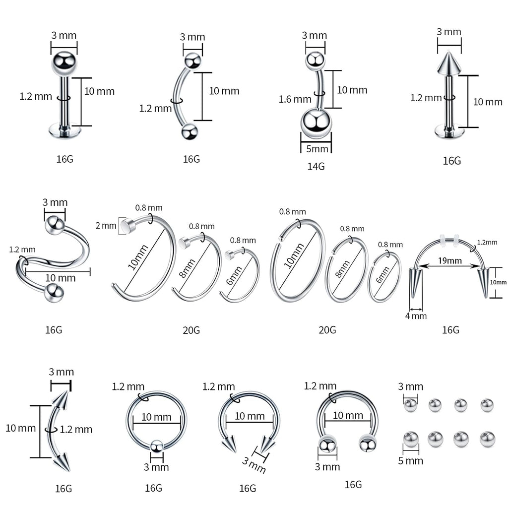 94PCS Mixed-pack Piercing Kits for All Body Piercings Stainless Steel 14G 16G 20G Jewelry and Needle with Tools Nose