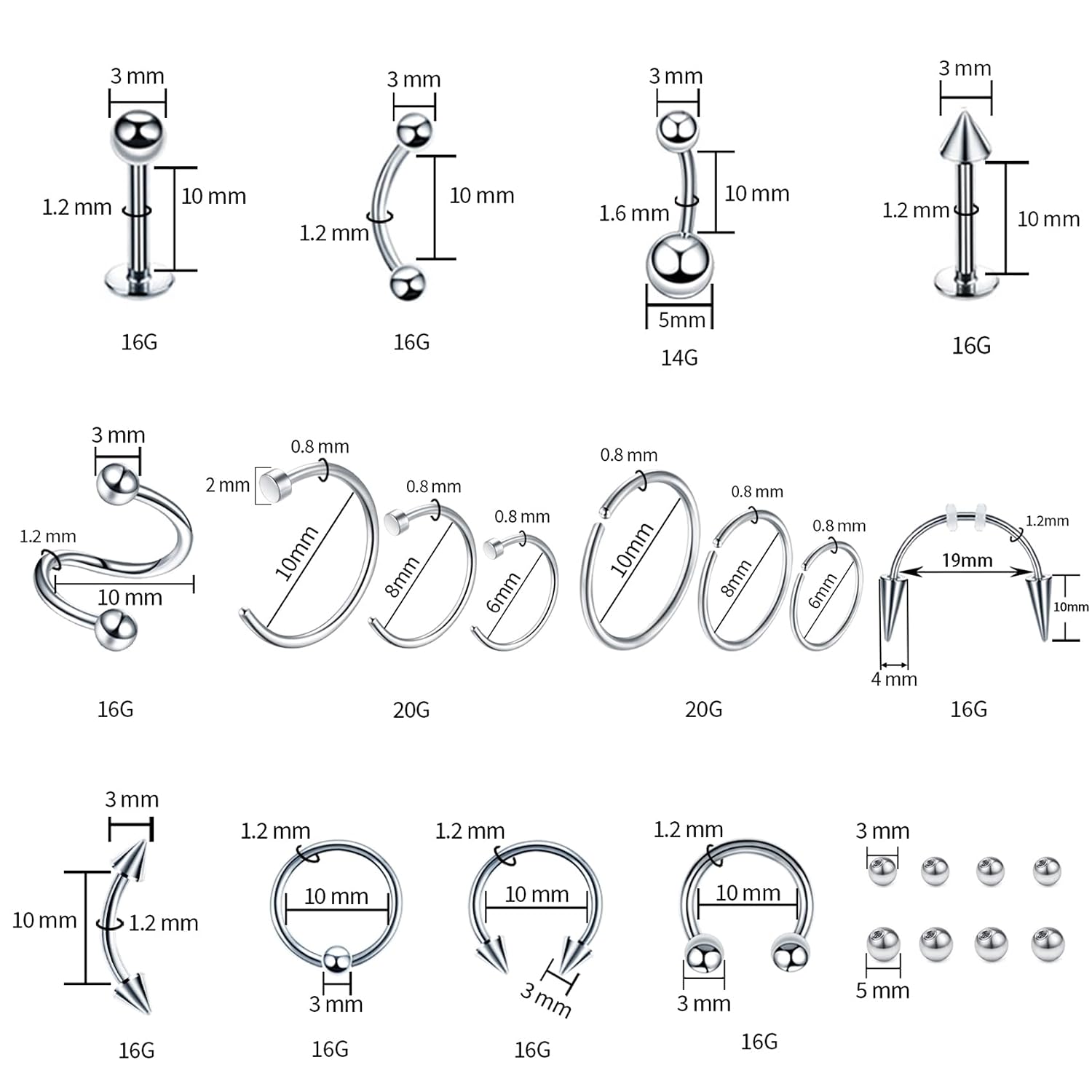 94PCS Mixed-pack Piercing Kits for All Body Piercings Stainless Steel 14G 16G 20G Jewelry and Needle with Tools Nose