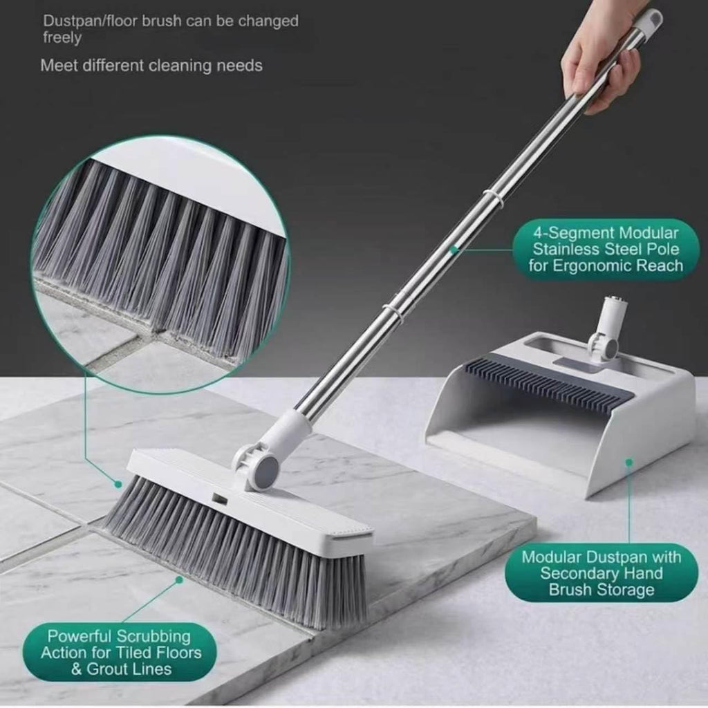 4-in-1 Broom and Dustpan Set, Long Handle Broom with Built-in Squeegee