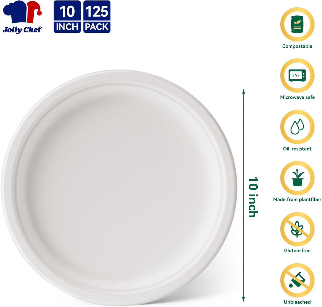 Compostable Heavy Duty 10 Inch 125 Pack Disposable Eco-Friendly Paper Plate