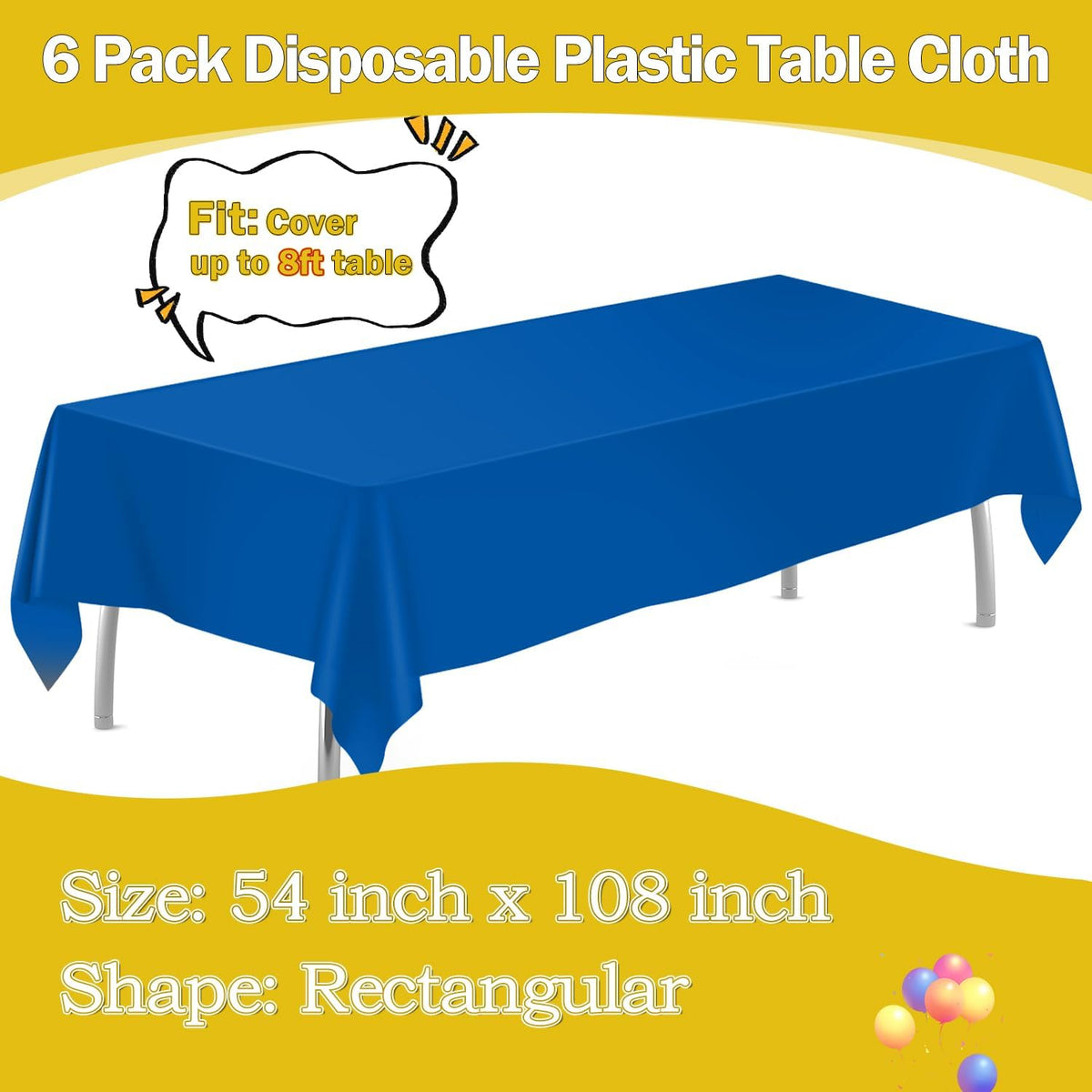 Royal Blue 6 Pack Plastic Table Cloth 54" x 108", Disposable Tablecloths Rectangle Table Cover, Plastic Tablecloths