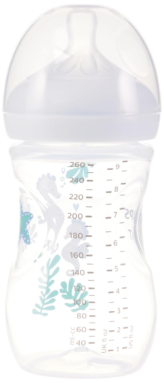 Natural Baby Bottles with Natural Response Nipples (Medium Flow, Flow 3), with Seahorse and Starfish Design, 9oz