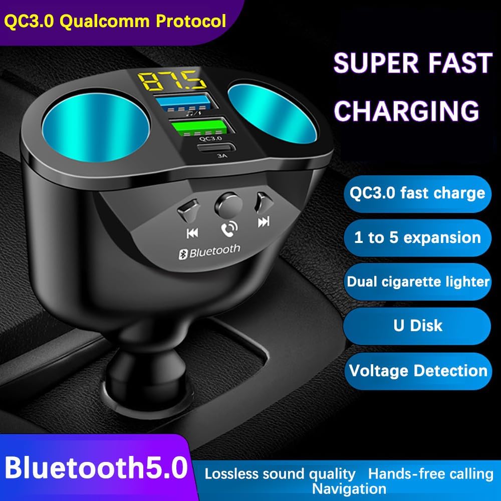 12-24V Car Cigarette Lighter Splitter, Bluetooth5.0 Adapter for Car [Voltage Detection], 2-Socket Cigarette Lighter