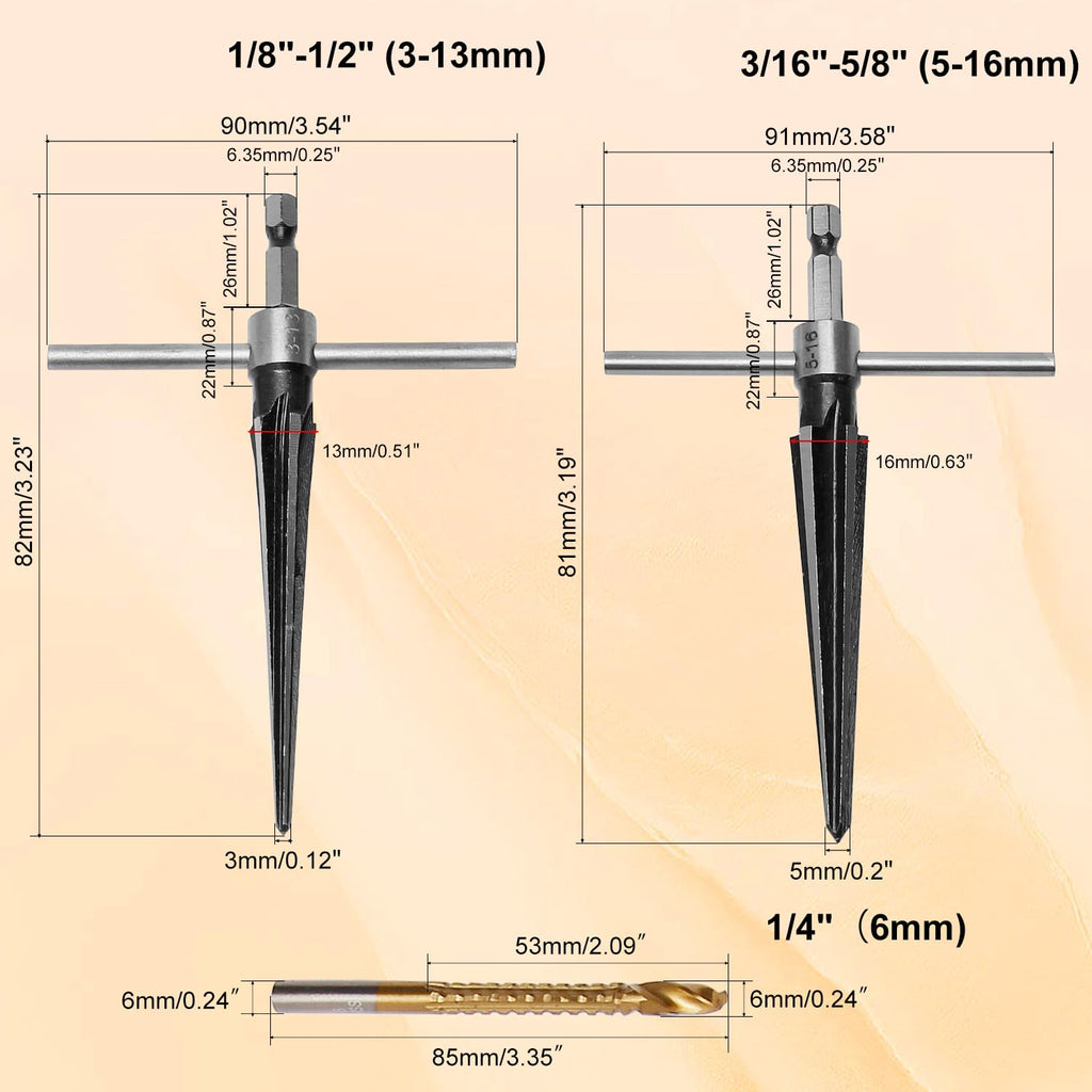 Tapered Hand Reamer Set, 3-13mm & 5-16mm 6 Flute Chamfer Reaming Tool