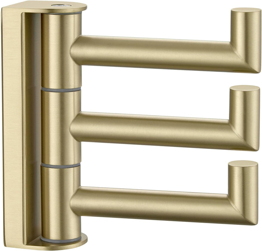 Towel Hook 3 Arms, Swivel Coat Wall Hook, Brushed Gold | Solid SUS304 Stainless Steel, Foldable Robe Towel Holder for