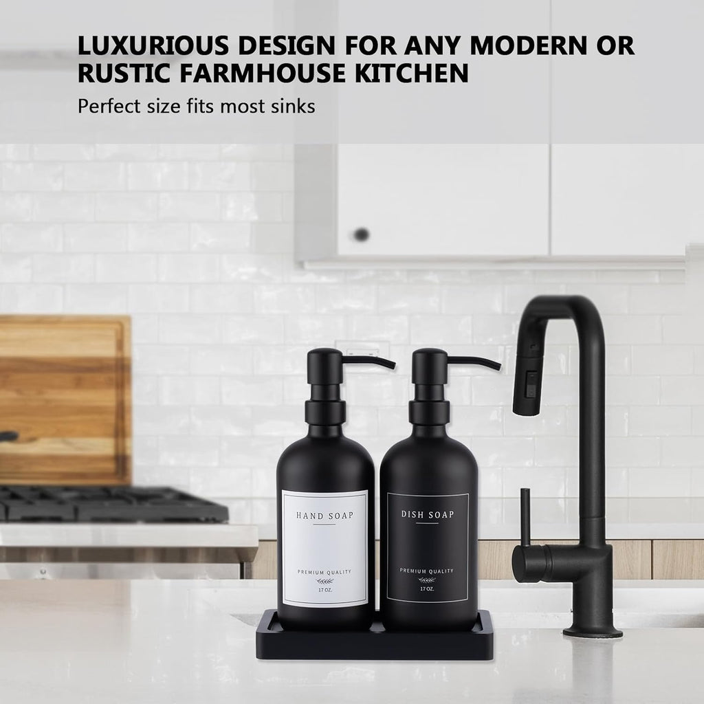 Black Thick Glass Soap Dispenser - Farmhouse Kitchen Dish &Hand Soap Dispenser Set, 304 Rustproof Pump Lotion