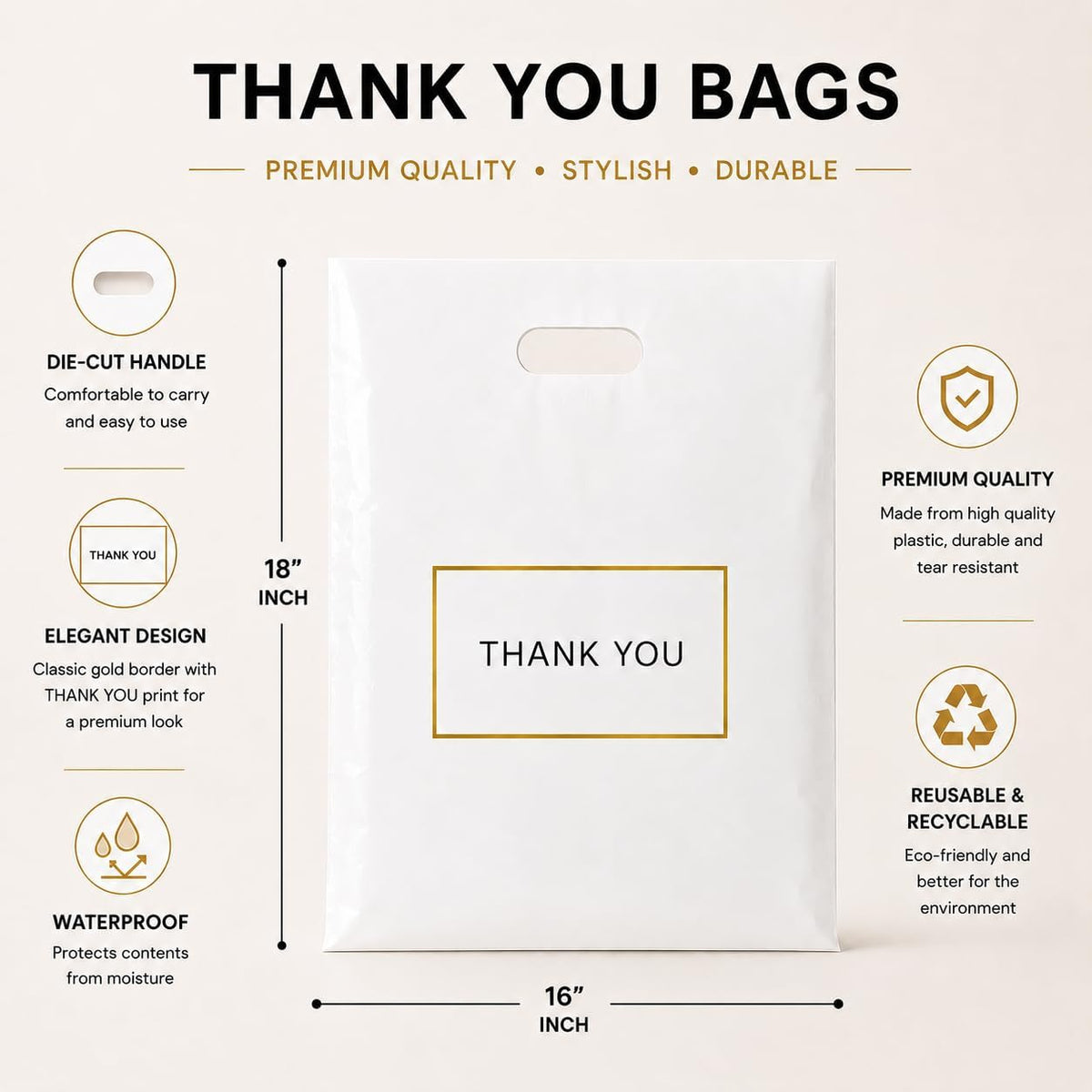 White Plastic Shopping Bags with Handles, Thank You Boutique Retail Bags, Large 16" x 18", 100 Pack for Merchandise