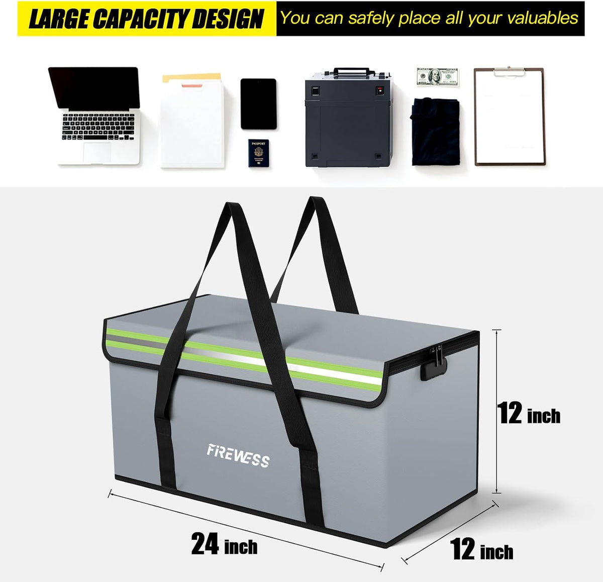 Large Fireproof Document Bag, 24x12x12'' Waterproof Safe bag, Large capacity document storage box with reflective