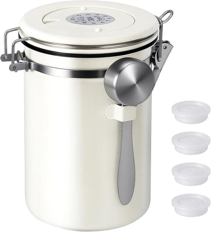 22OZ Airtight Stainless Steel Coffee Canister with Date Tracker | With Measuring Scoop, Food Grade Safe, For Coffee