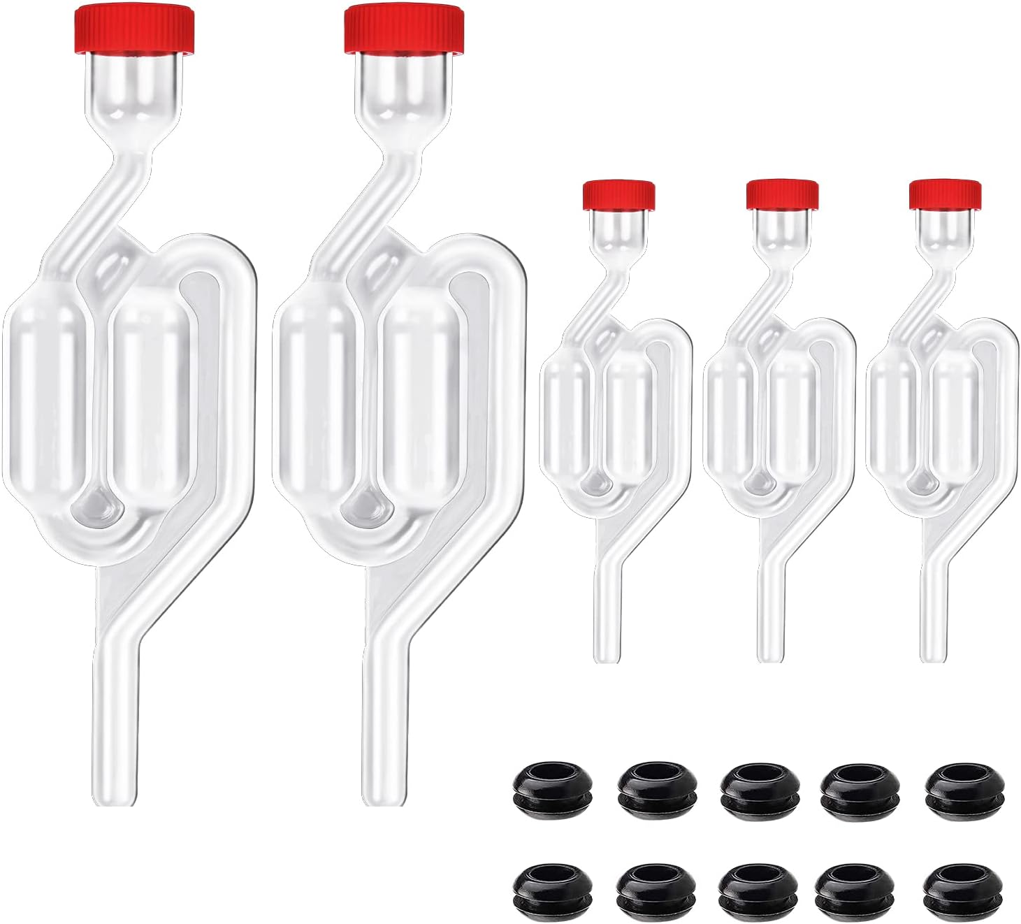 5Pack Fermentation Airlock,Twin Bubble Fermenting Improved High Transparency S Shape with 10pcs Grommets Drilled