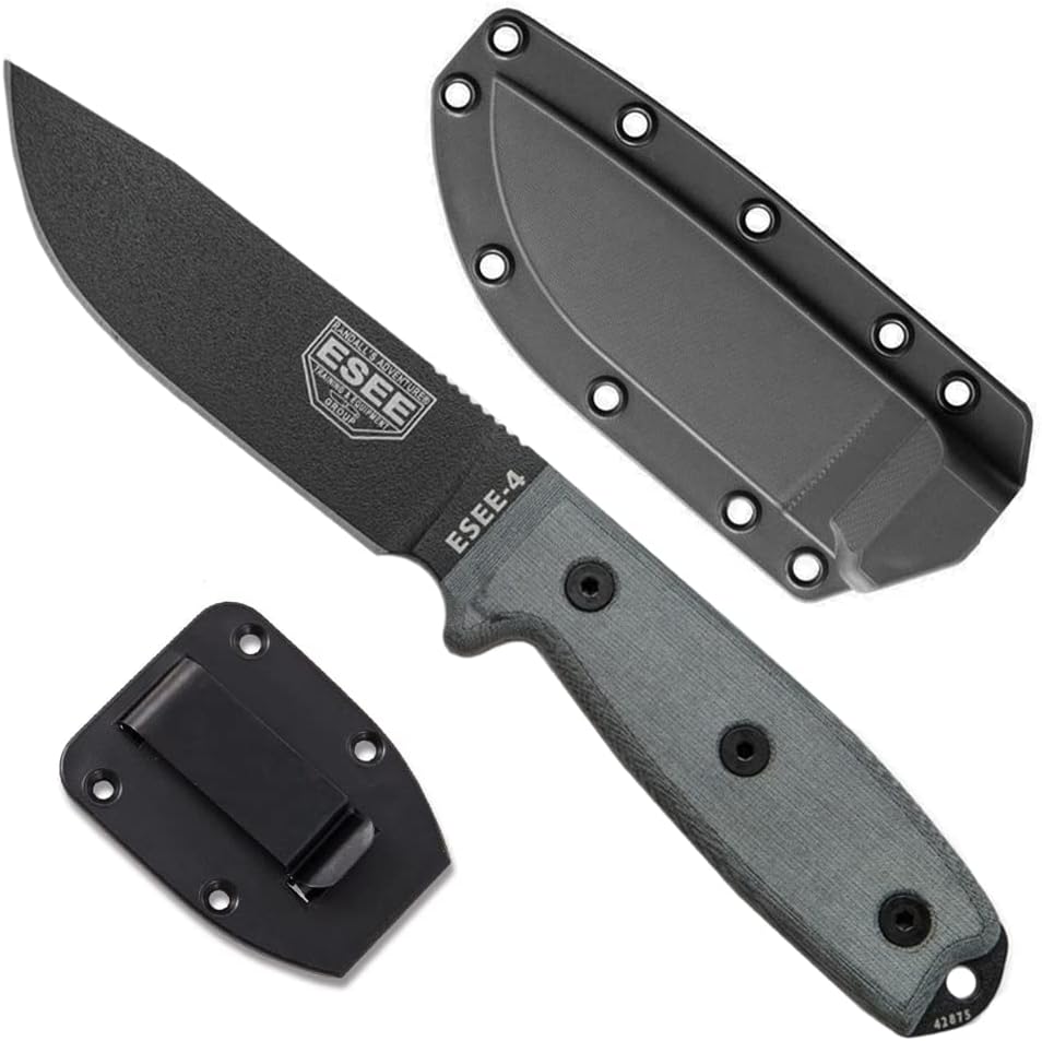 4P Survival Knife - Field Tested Fixed Blade Knife with Molded Polymer Sheath & Clip Plate, Full Tang, Plain Edge