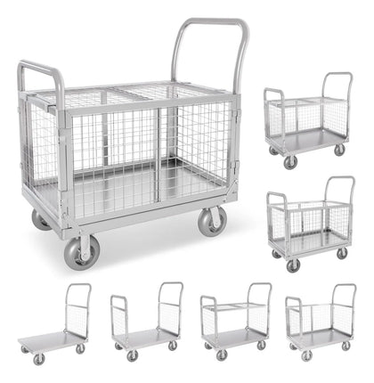 Platform Truck Cart with Cage,6 in1 Steel Plate Push Cart Dolly,39"×24" Heavy Duty Hand Cart Detachable Fence Flatbed