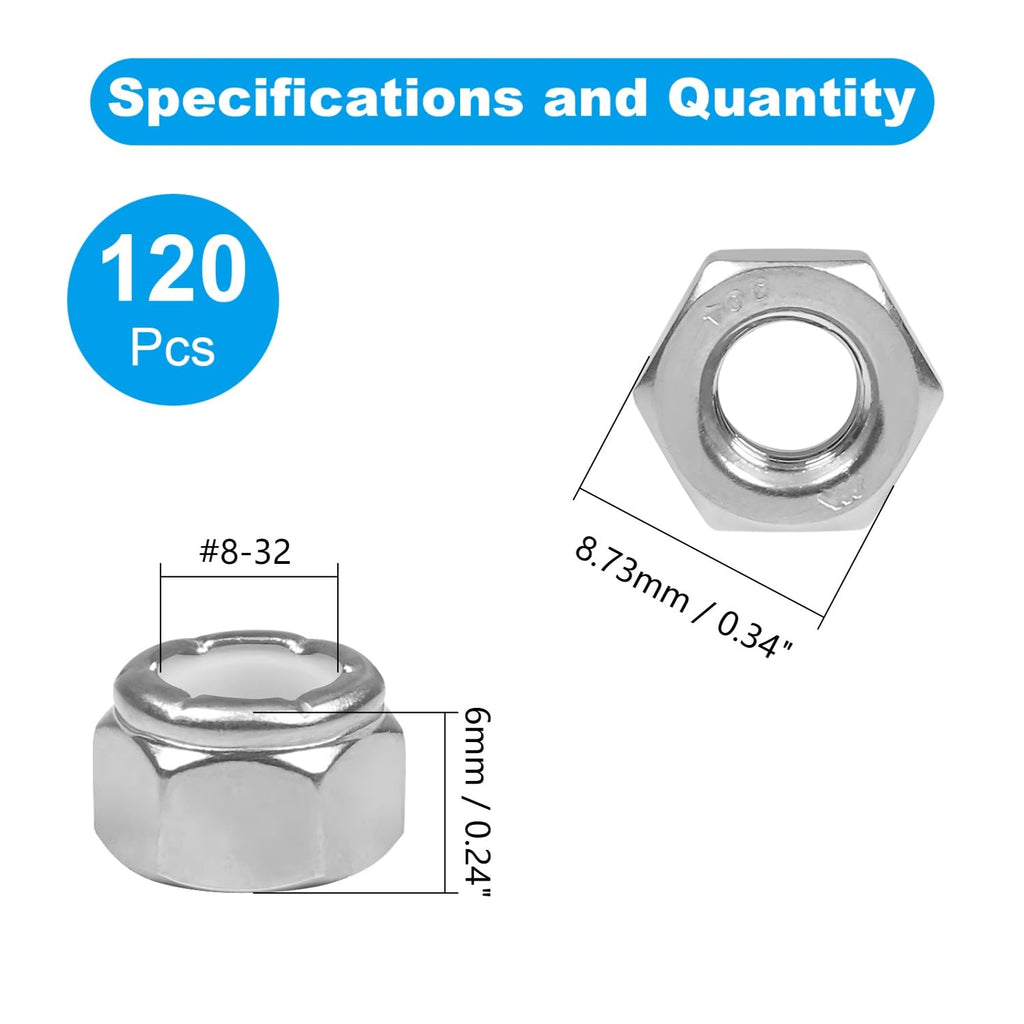 120PCS #8-32 Nylon Insert Hex Lock Nuts,304 Stainless Steel