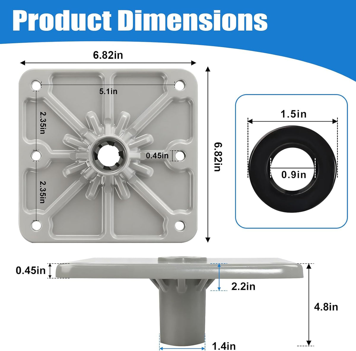 Boat Seat Mounting Base - 7"x7" Aluminum Pedestal, 3/4 Inch Lock'N-Pin Post Socket for Heavy Duty Boat Seat