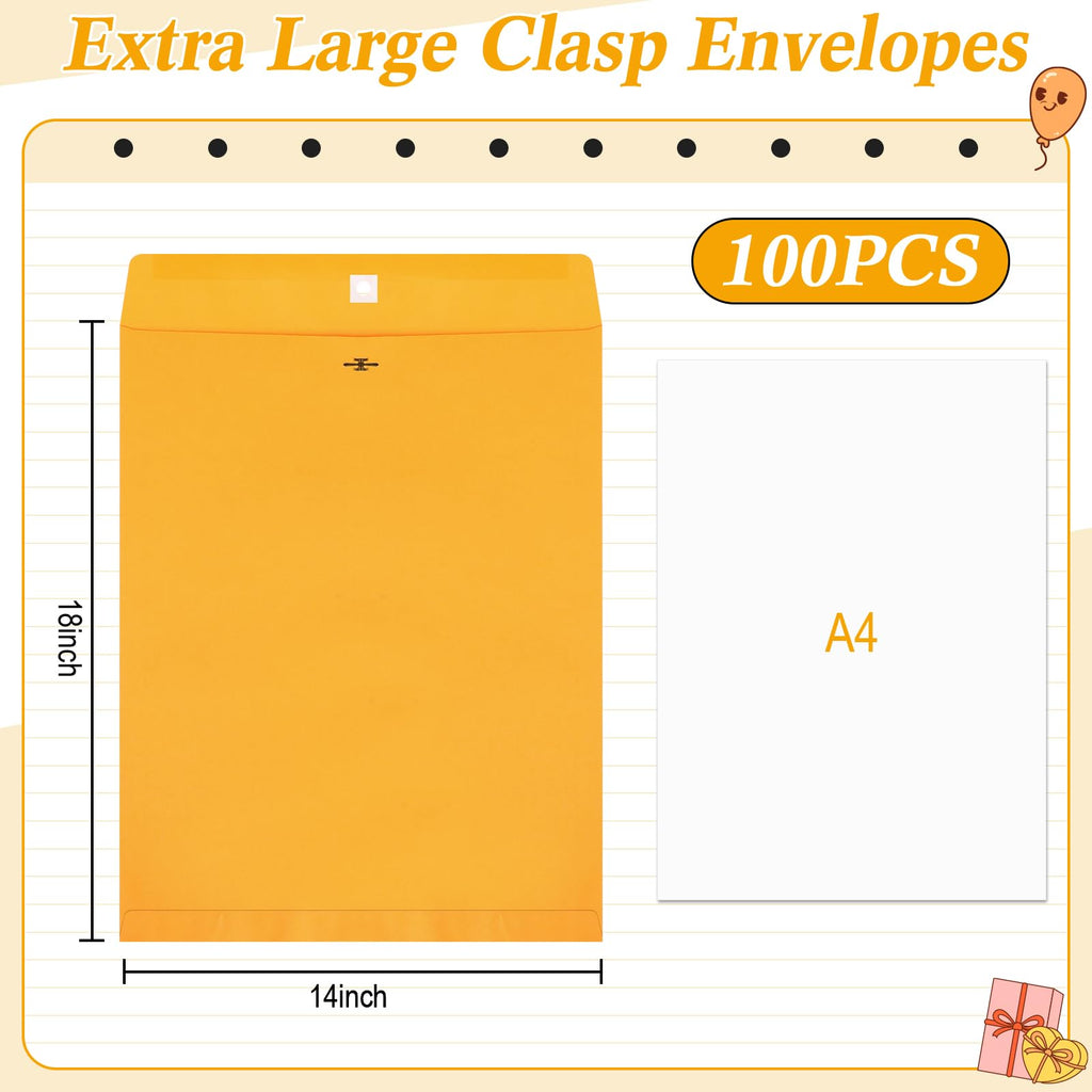 100 Pcs 14 x 18 Inc Extra Large Mailing Clasp Envelopes with Clasp