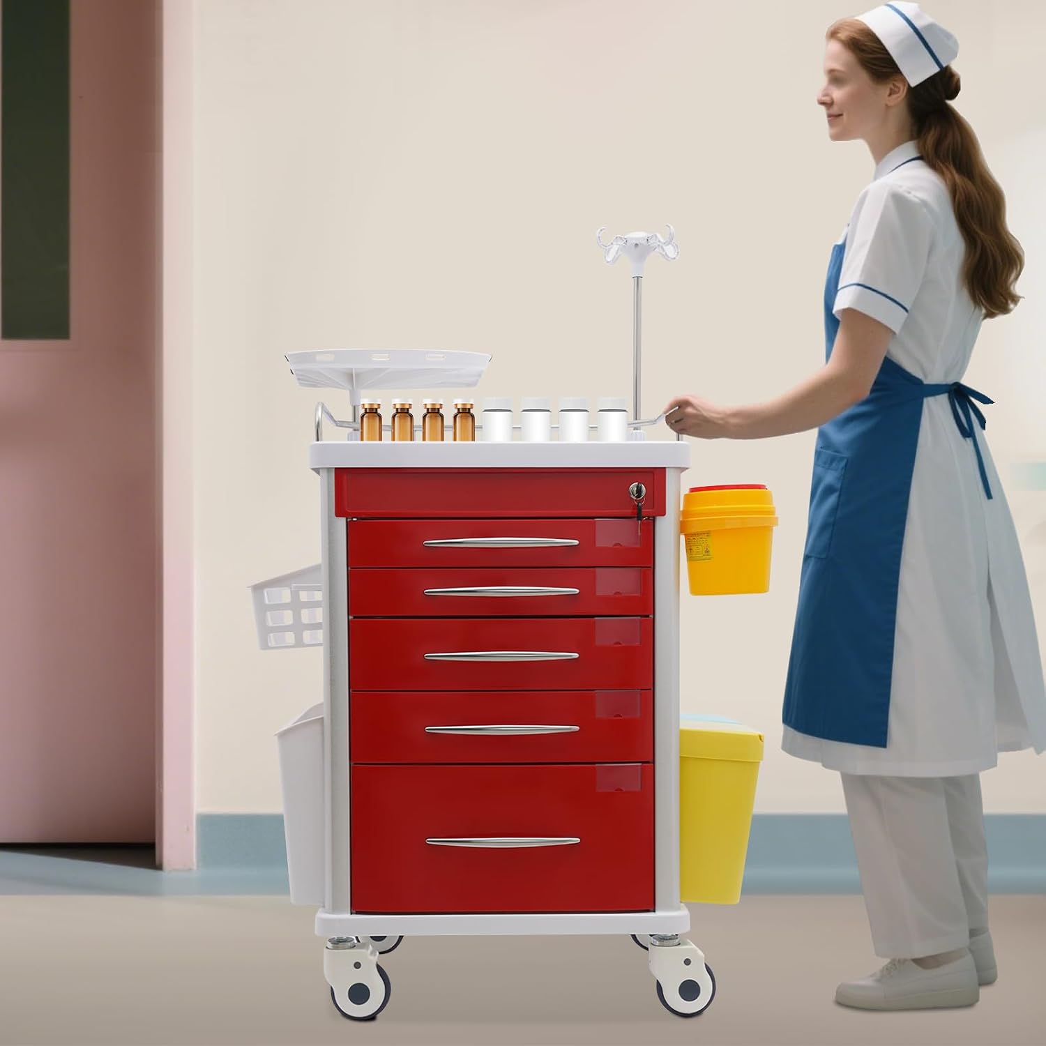 Medical Rolling Crash Cart with Accessories-CPR Board, 2 Trash Bin, Drawers with Dividers, Mobile Medical Cart for