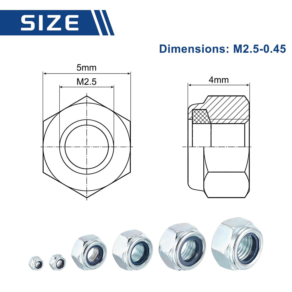 Kozelo 50Pcs M2.5-0.45 Nylon Locking Hex Nuts CarbonSteel Blue and White