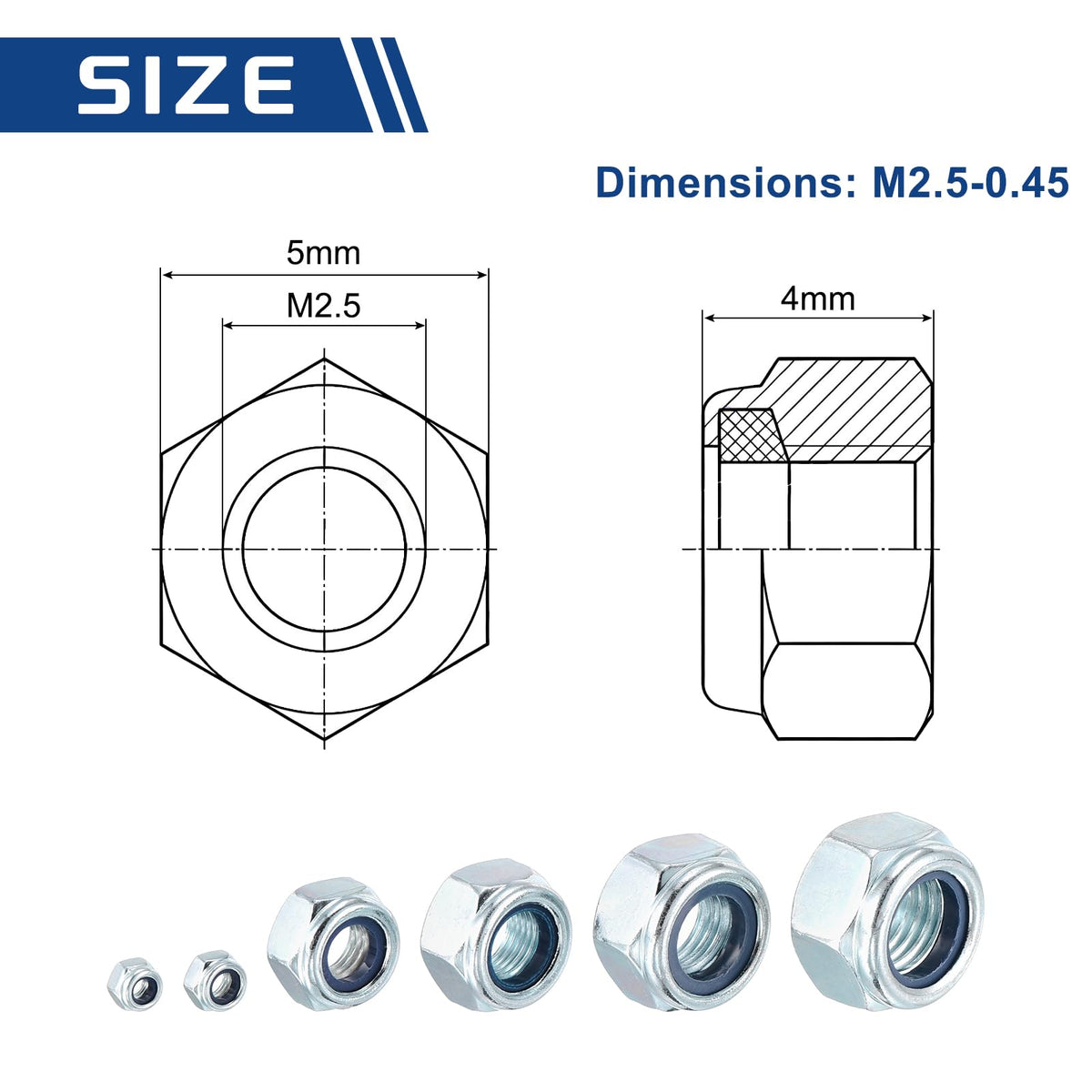 Kozelo 50Pcs M2.5-0.45 Nylon Locking Hex Nuts CarbonSteel Blue and White