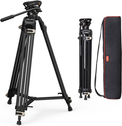 AD-01 Video Tripod, 73" Heavy Duty Tripod with 360 Degree Fluid Head and Quick Release Plate for DSLR, Camcorder