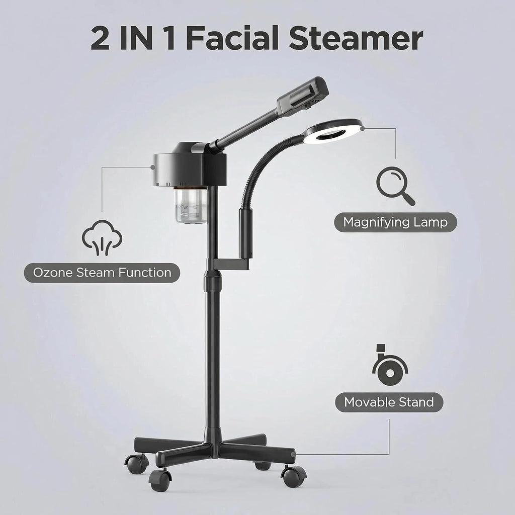 Professional Facial Steamer with Ozone & Magnifying Lamp | 2-in-1 Hot Steam for Salon Home Spa,Face Esthetician Steamer.