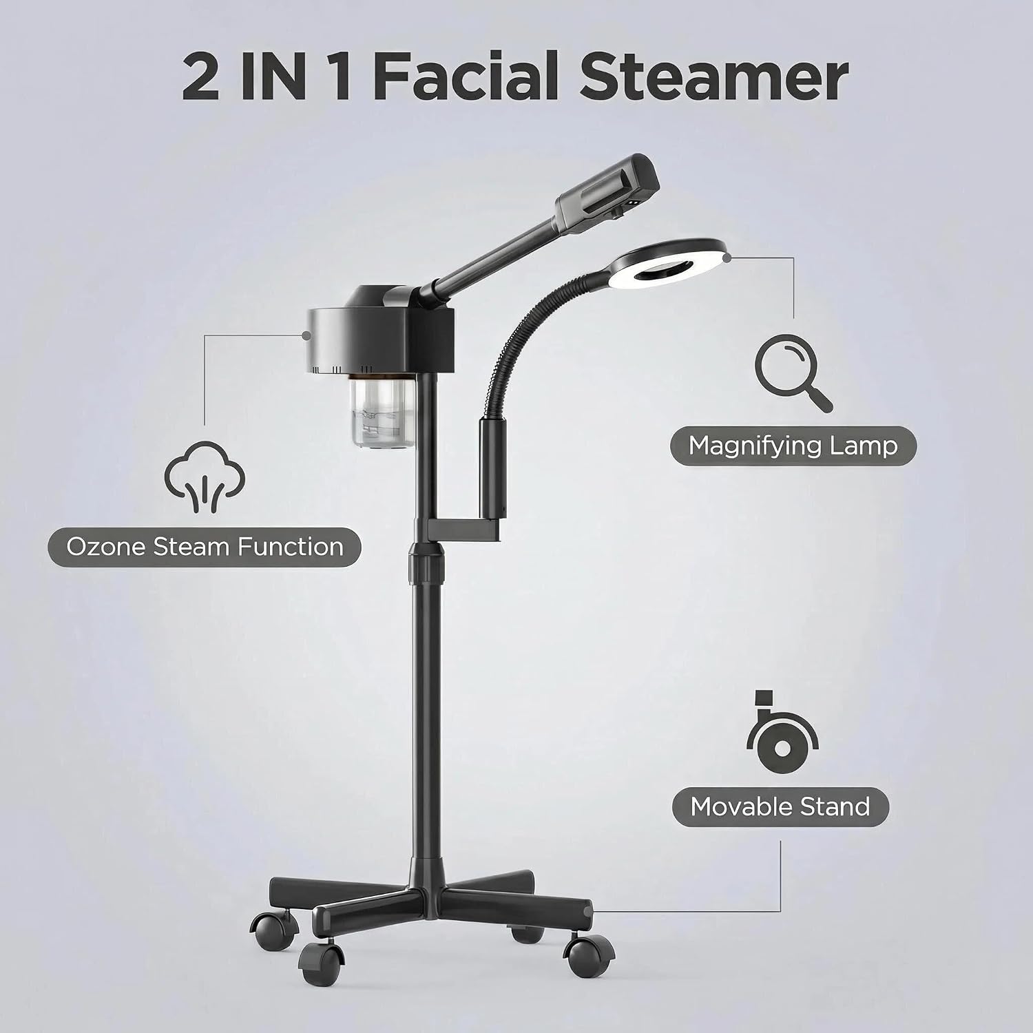 Professional Facial Steamer with Ozone & Magnifying Lamp | 2-in-1 Hot Steam for Salon Home Spa,Face Esthetician Steamer.