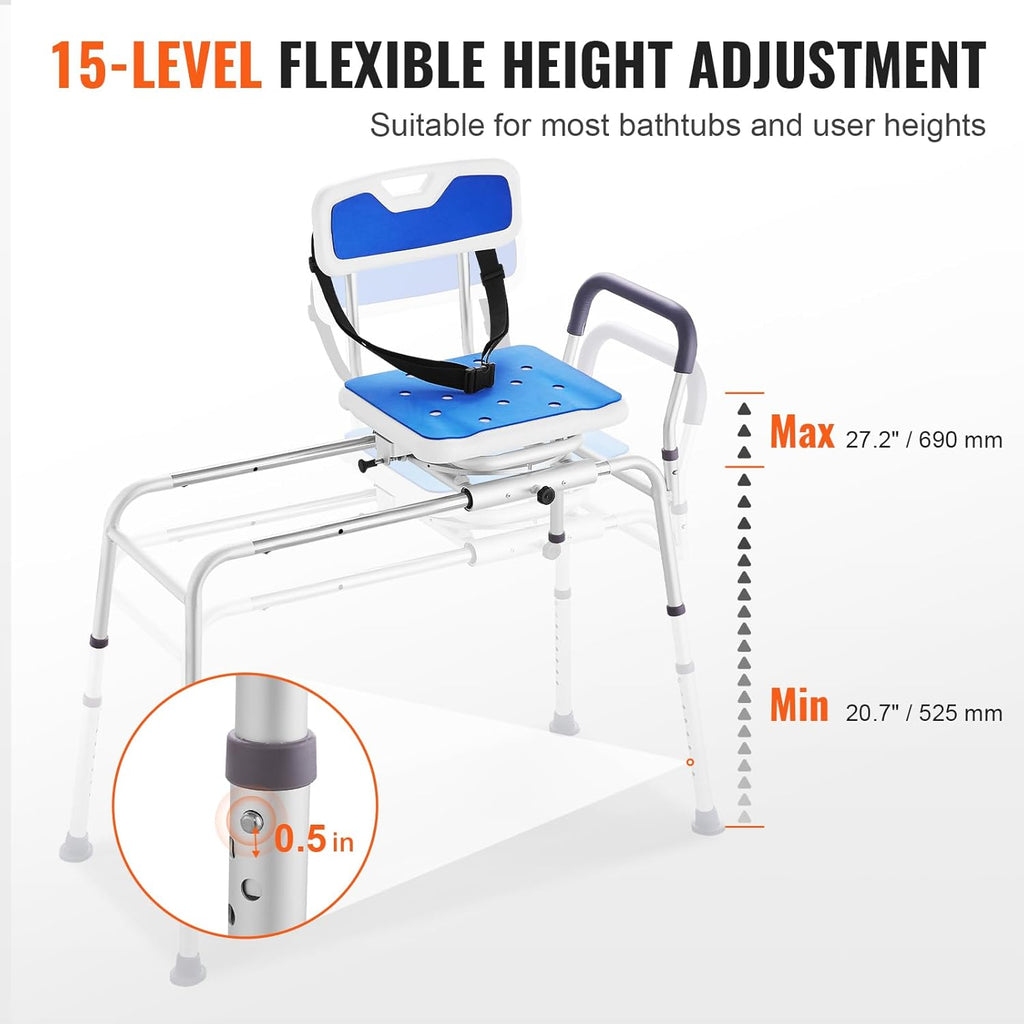 Sliding Tub Transfer Bench with 360 Degree Swivel Seat, Height Adjustable Bathtub Transfer Bench with Armrest &