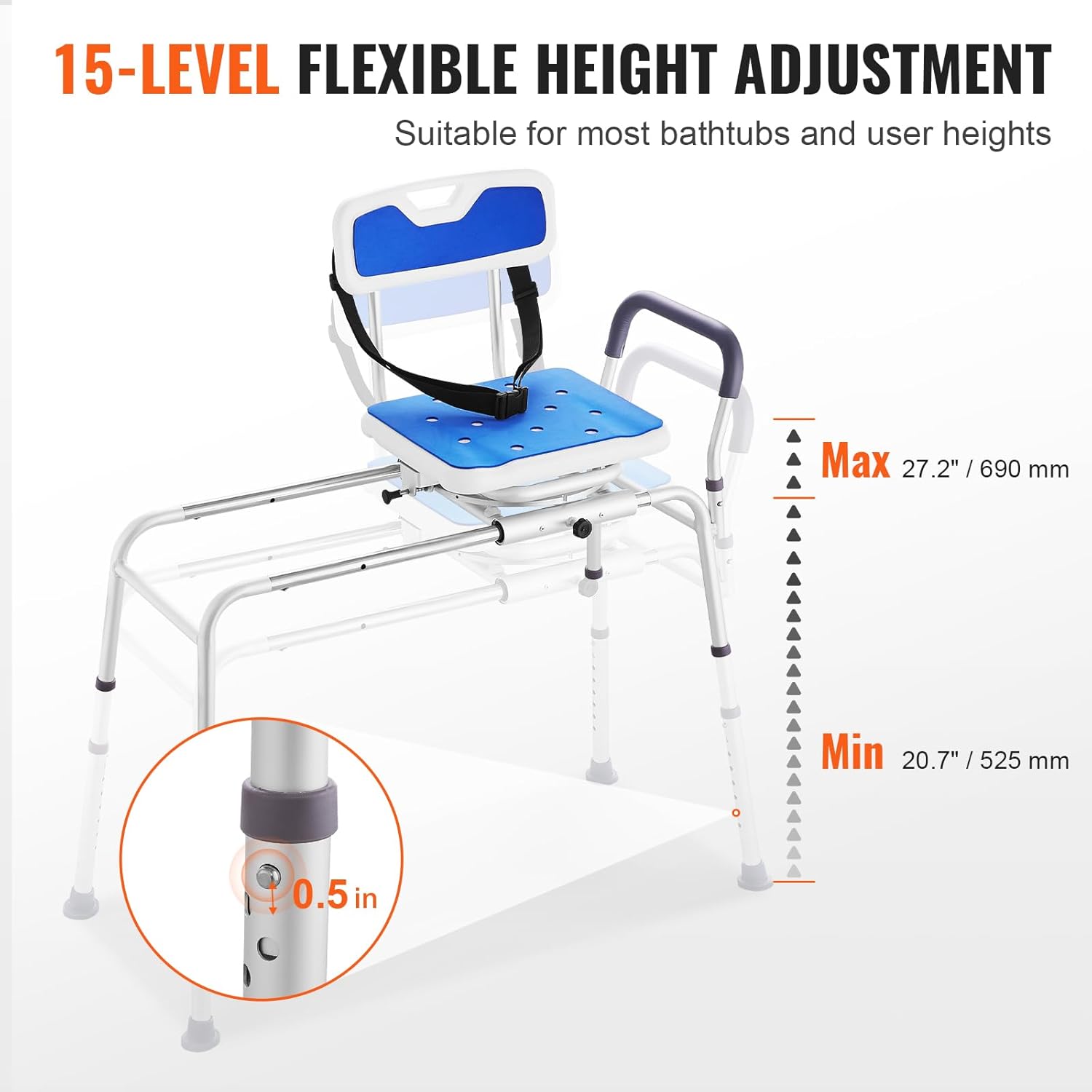 Sliding Tub Transfer Bench with 360 Degree Swivel Seat, Height Adjustable Bathtub Transfer Bench with Armrest &