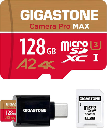 【5-Years Data Recovery】 GIGASTONE 128GB Micro SD Card with USB 3.2 Type C Card Reader, 4K Camera Pro MAX, Speed Up to