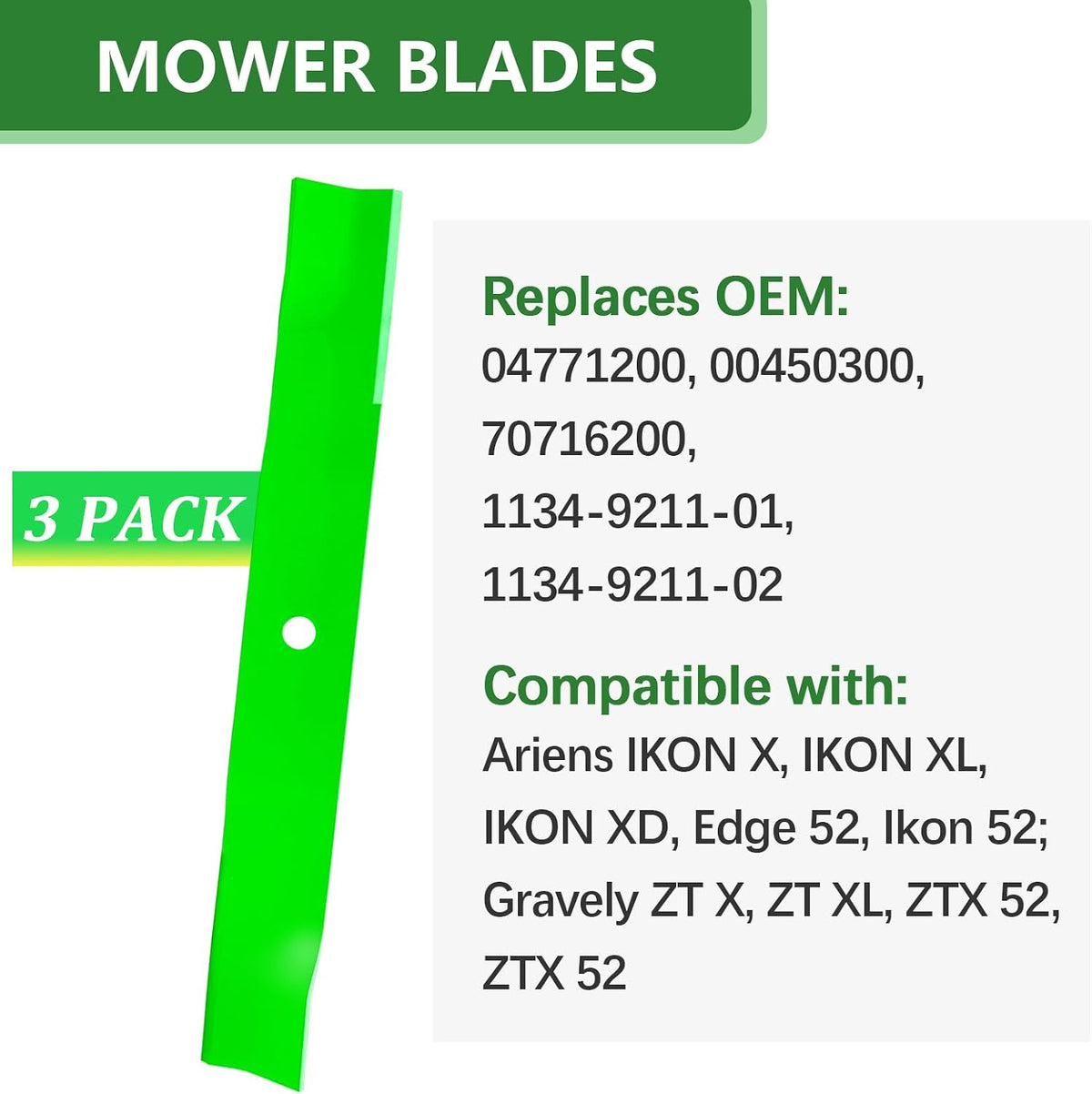 52 Inch Mower Deck High Lift 04771200 Blades Fit for Ari ens IKON X XD XL Edge 52 Gravely ZTX ZT X XL HD 52 Zero Turn Mower (3 Pack)