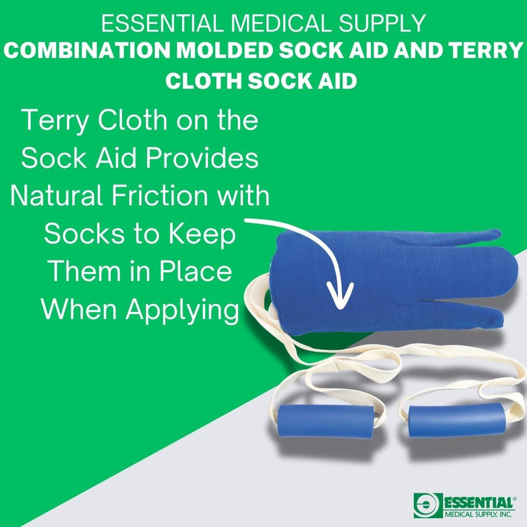 Combination Molded Plastic Sock and Stocking Aid and Terry Cloth Sock Aid - Two Sock and Stocking Donners in One