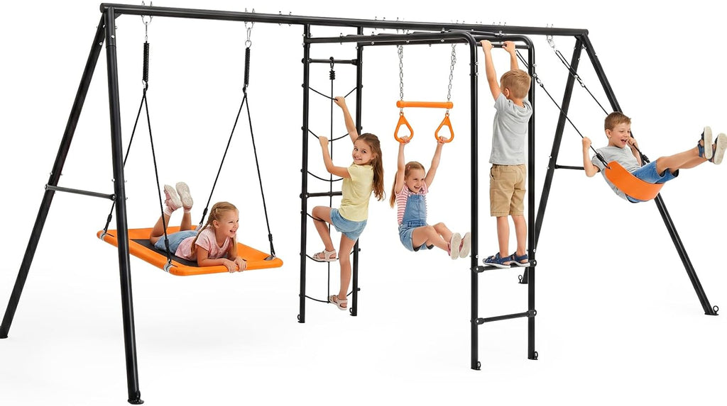Swing Sets for Backyard with Monkey Bars, Belt Swing, Platform Swing, Climbing Net, Trapeze Bar, Outdoor Playset for