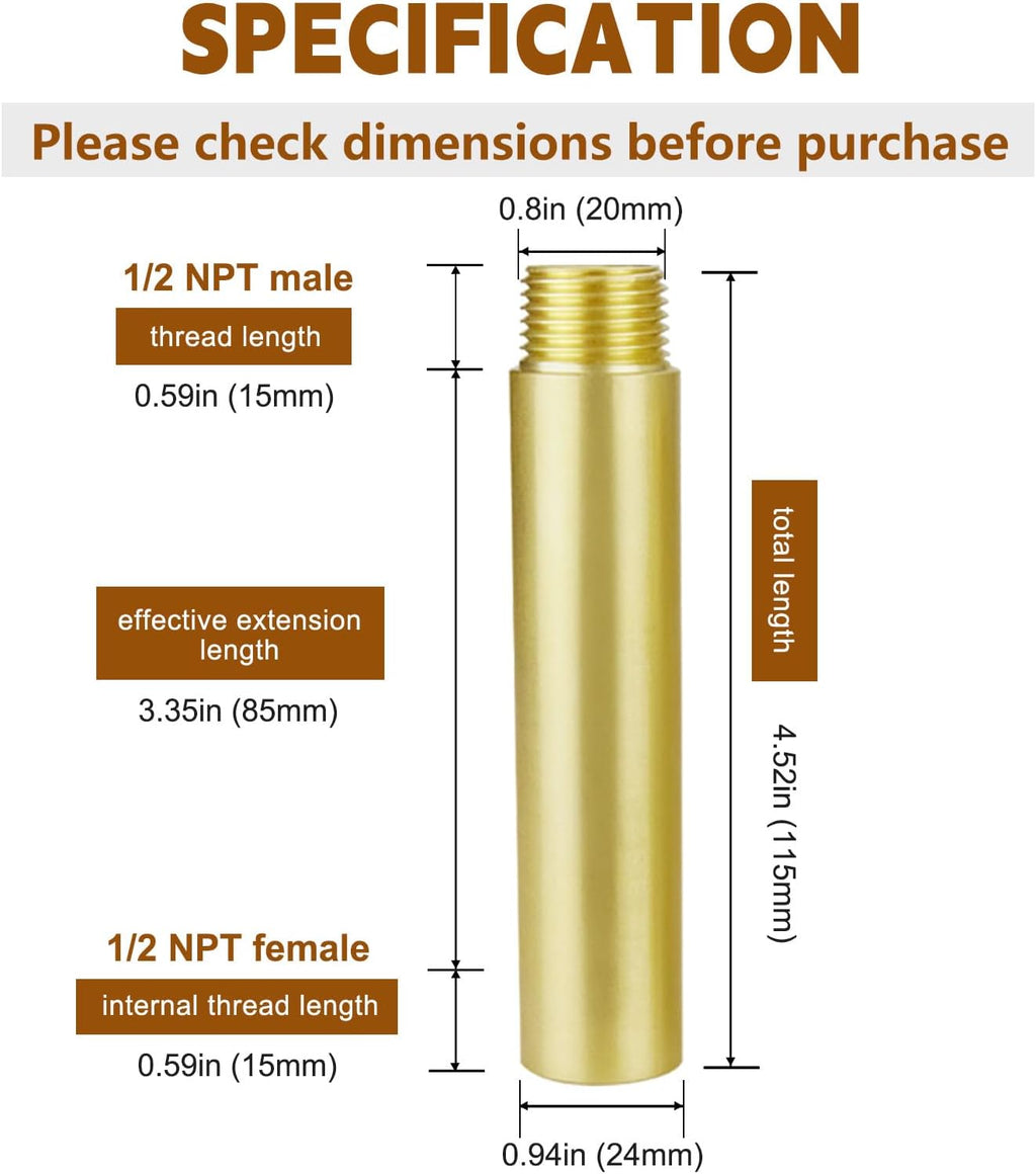4" Length Brass Pipe Extender, 1/2" NPT Thread Pipe Fittings Long Nipple