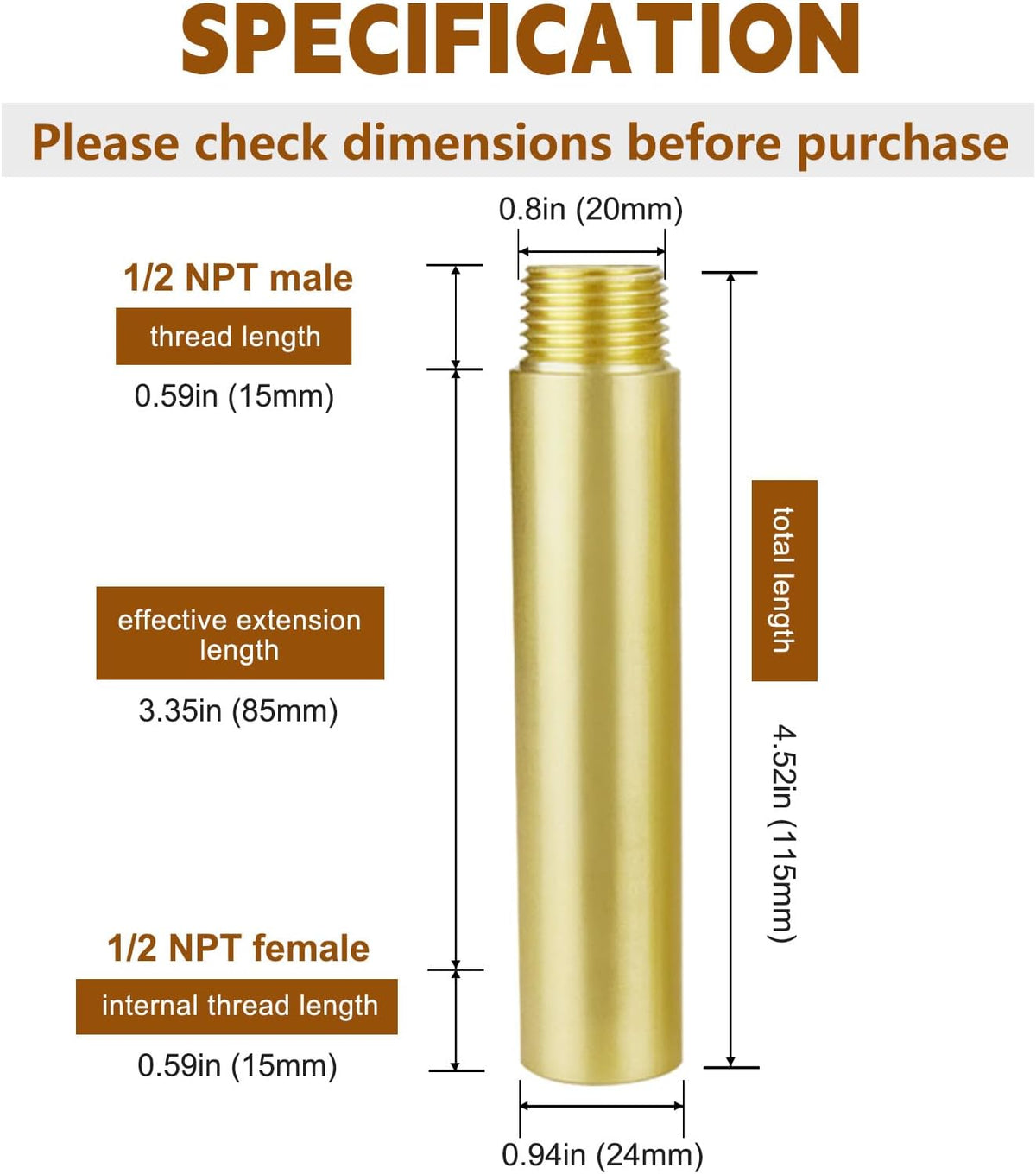4" Length Brass Pipe Extender, 1/2" NPT Thread Pipe Fittings Long Nipple