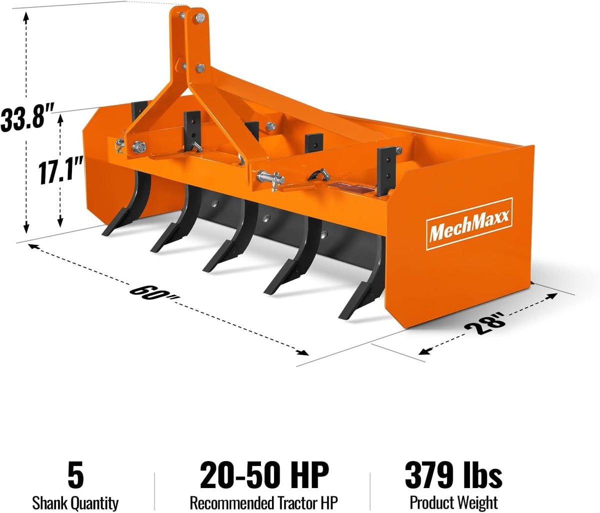 60" Box Blade Scraper with 5 Shanks 3 Point Hitch Tractor Attachment, Model BB60