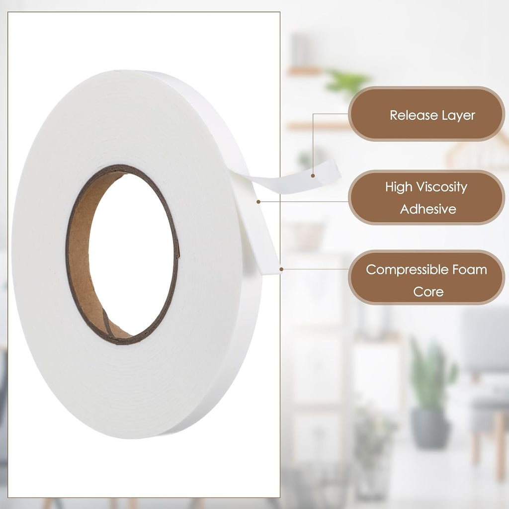 2 Rolls Double Sided Foam Tape for Mounting,1/2 Inch by 33 Feet,White