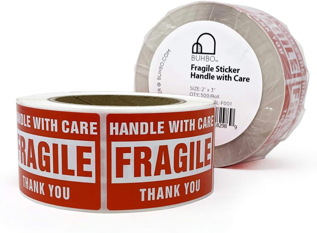 Handle with Care Warning Labels, Fragile, Red, 2 x 3 in, 500 Count